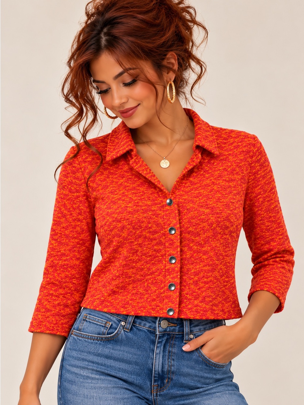 Textured Knit Button-Front Shirt – Size M – Orange/Red